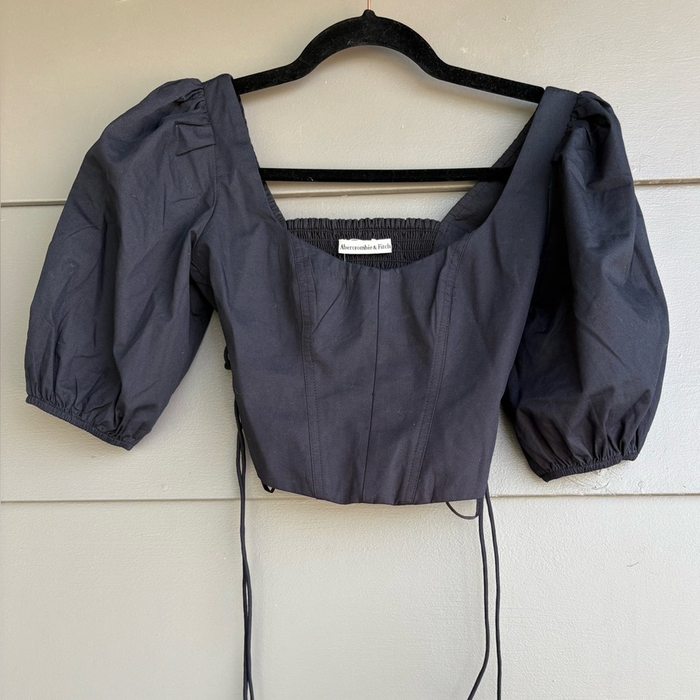 NWT Abercrombie & Fitch Black Puff Sleeve Cropped Lace Up Corset Top